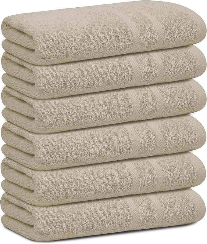 Looperry 6 Pack Small Bath Towel Set - 100% Cotton 23x46 Shower Towels in 450 GSM. Lightweight & Absorbent Quick Dry Gym Towel for Showering, Pet Drying, Spas & Salons. Terry Ringspun Towels (Beige)
