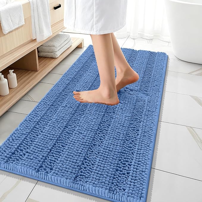 OLANLY Bathroom Runner Rugs 47x20, Soft Chenille Bath Rugs, Cornflower Blue | Rubber Backing, Machine Wash, Extra Absorbent Striped Bath Mats for Bathroom Floor, Tub and Shower, Home Decor Accessories