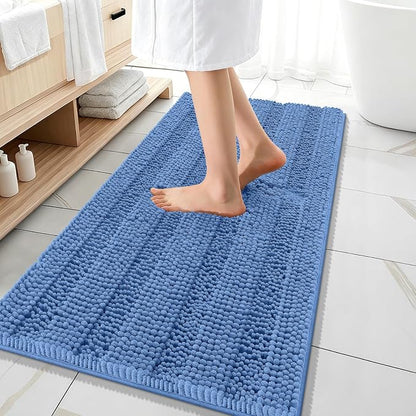 OLANLY Bathroom Runner Rugs 47x20, Soft Chenille Bath Rugs, Cornflower Blue | Rubber Backing, Machine Wash, Extra Absorbent Striped Bath Mats for Bathroom Floor, Tub and Shower, Home Decor Accessories