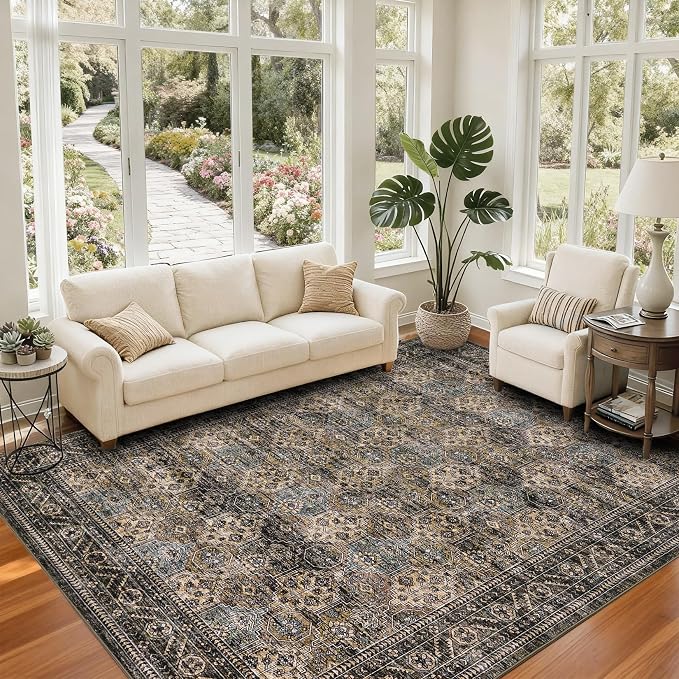 Washable Floral 9x12 Area Rug for Living Room Bedroom, Indoor Retro Accent Non Slip Large Dining Room Rugs, Low Pile Stain Resistant Home Decor Carpet for Home Office, Yellow Taupe