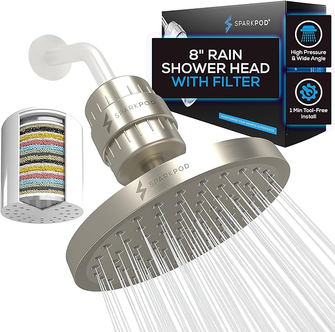 SparkPod Filtered Shower Head, 23-Stage, 8" Round, Brushed Nickel | Showerhead for Hard Water, High Pressure, Reduces Chlorine, Heavy Metals, For Dry Skin & Hair, Removable Capsule Filter