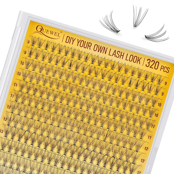 QUEWEL Lash Clusters 320Pcs 10D D Curl Lash Cluster Eyelash Extensions | Cluster Lashes Mix9-16mm Individual Eyelashes Clusters Wispy Lash Clusters Thin Band Soft to Use at Home(10D D Mix9-16)