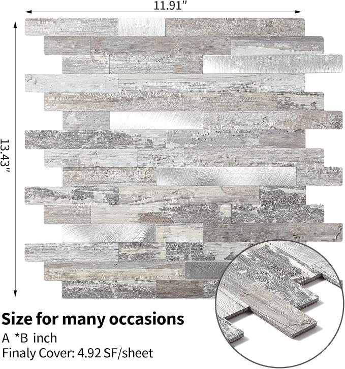 Yipscazo 2026 New Upgrade Peel and Stick Wood Metal Tile Backsplash, Stick on Tiles for Backsplash Kitchen, Bathroom, Laundry Room, Camper, Fireplace (20 Sheets, Rustic)