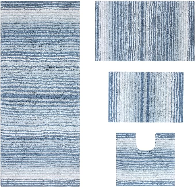 Home Weavers 100% Cotton Gradiation Collection Bathroom Décor | Washable Rug | Bathroom Mat | Kitchen Mat | Bathroom Rug Set | Bath Mat Set | Bath Floor Mat Non Slip, 4 Piece Set with Runner, Blue