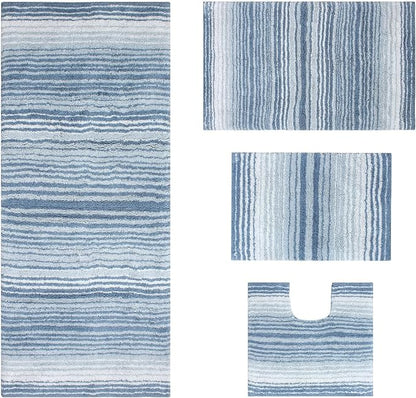 Home Weavers 100% Cotton Gradiation Collection Bathroom Décor | Washable Rug | Bathroom Mat | Kitchen Mat | Bathroom Rug Set | Bath Mat Set | Bath Floor Mat Non Slip, 4 Piece Set with Runner, Blue
