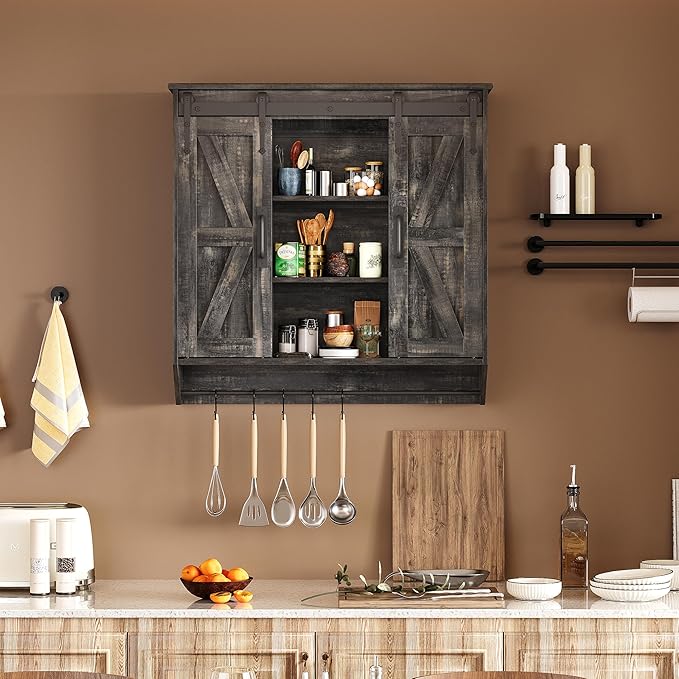Farmhouse Medicine Cabinet 2 Sliding Barn Doors 3 Tier Rustic Wood Wall Storage Cabinet Adjustable Shelf Towel Bar Wall Mounted Bathroom Wall Cabinet