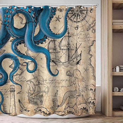 Fungarth Long Vintage Nautical Octopus Shower Curtain Navy Blue Mermaid Funny Ocean Kraken Shower Curtains for Bathroom Cool Anchor Coastal Map Waterproof Fabric Bath Curtain Decor (Retro, 72” x 78”)