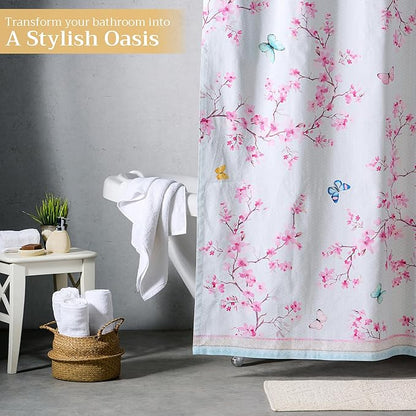 Maison d' Hermine Shower Curtain 100% Cotton One Panel 70"x72" Washable Fabric Shower Curtains for Bathroom, Easy Hanging with 12 Button Holes - Home Hotel Spa Easter Gifts(Blossoms in Spring)