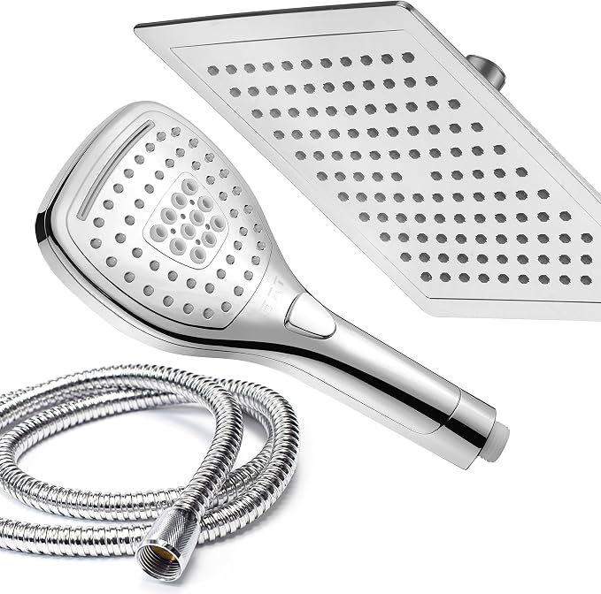 Dream Spa Ultra-Luxury 9" Rainfall Shower Head/Handheld Combo. Convenient Push-Button Flow Control Button for easy one-handed operation. Switch flow settings with the same hand! Premium Chrome | Enjoy Extra-wide Flow Coverage and Convenient Push-button...