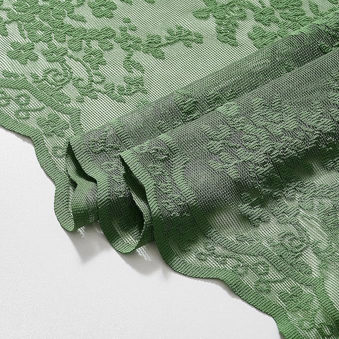TUDECO Green Stall Shower Curtain with Attached Valance, 36'' x 72'' | Emerald Green, Narrow Compact Bathroom, Semi-Sheer, Elegant Floral, Scalloped Edges,Reinforced Holes, Machine Washable