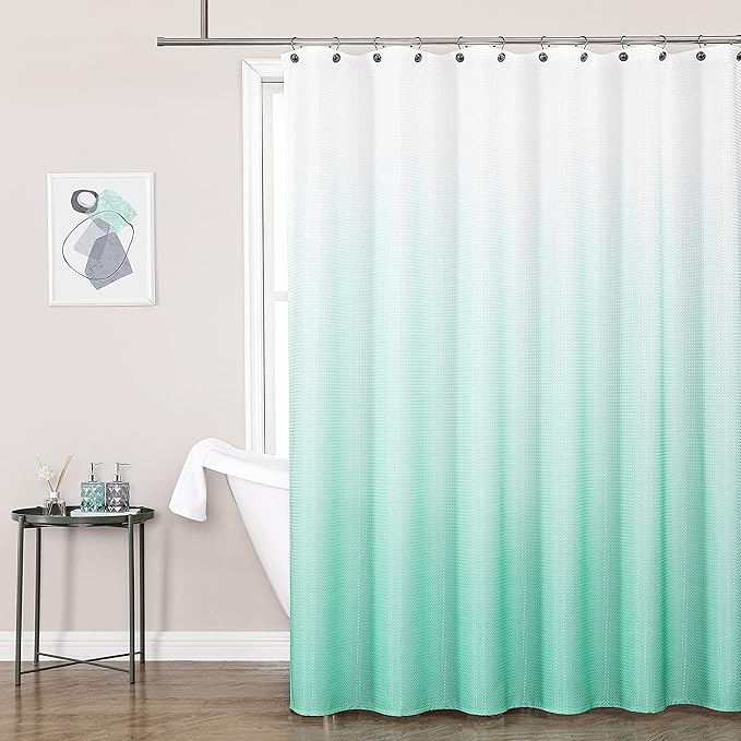 WEST LAKE Waffle Fabric Shower Curtain Aqua Ombre Decorative Spa Bathroom Shower Curtain with Grommet No Hook Water Resistant Machine Washable,Gradient White to Aqua Blue 70" Wx72 L
