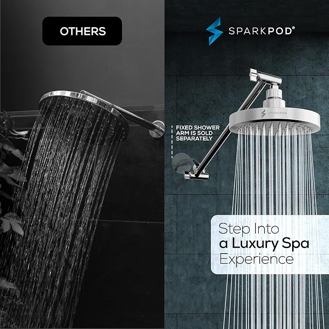 SparkPod 6" Round Rain Shower Head with 16" Shower Arm | Shower Head & Extension Arm Combo, Height Adjustable, High Pressure Performance, Easy 1-Minute Installation, Polished Chrome
