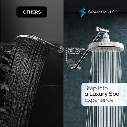 SparkPod 6" Round Rain Shower Head with 16" Shower Arm | Shower Head & Extension Arm Combo, Height Adjustable, High Pressure Performance, Easy 1-Minute Installation, Polished Chrome