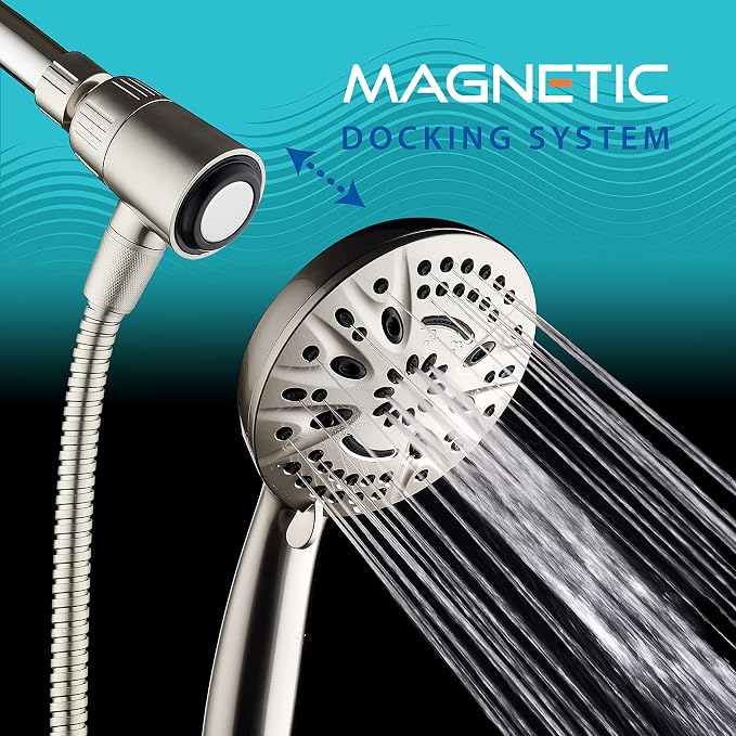 AquaDance New Magnetic Docking 8-setting High Pressure Handheld Shower Head | Space-age Magnetic Guidance Bracket System, Giant 5-inch Face, Extra-long 72-inch Stainless Steel Hose - Nickel
