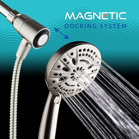 AquaDance New Magnetic Docking 8-setting High Pressure Handheld Shower Head | Space-age Magnetic Guidance Bracket System, Giant 5-inch Face, Extra-long 72-inch Stainless Steel Hose - Nickel