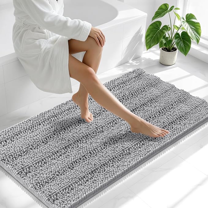Smiry Thick Chenille Bathroom Runner Rugs 47x24, Absorbent Bath Mat, Grey | Quick‑Dry & Machine Washable, Non‑Slip Bath Carpet, Soft Striped Bath Rugs for Tub & Shower, Modern Home Decor Accessories