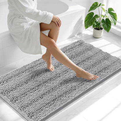 Smiry Thick Chenille Bathroom Runner Rugs 47x24, Absorbent Bath Mat, Grey | Quick‑Dry & Machine Washable, Non‑Slip Bath Carpet, Soft Striped Bath Rugs for Tub & Shower, Modern Home Decor Accessories
