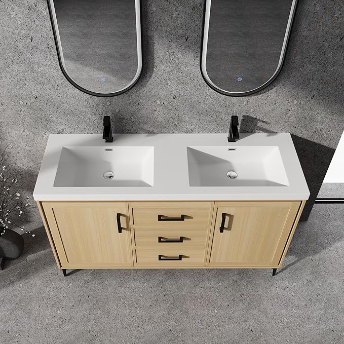 60" Freestanding Bathroom Vanity with Double Resin Sink, Bathroom Vanity with Sink, 2 Soft Closing Doors & 3 Drawers, Original Oak Plywood (KD-Packing)