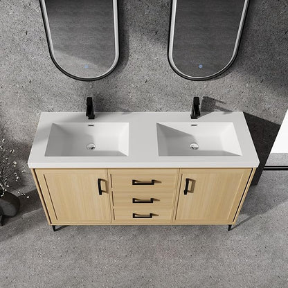 60" Freestanding Bathroom Vanity with Double Resin Sink, Bathroom Vanity with Sink, 2 Soft Closing Doors & 3 Drawers, Original Oak Plywood (KD-Packing)