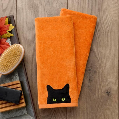 SKL Home Halloween Shadows Eyes Hand Towel Set-2pc, 100% Cotton, Orange | Soft, embroidered velour. Great for the bathroom, kitchen or bar & holiday gifting.