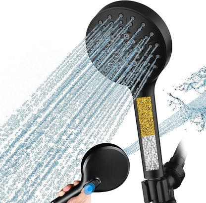 BRIGHT SHOWERS Filtered Shower Head with Handheld, High Pressure 9 Spray Mode Showerhead with Long Hose and Bracket, Water Softener Filters Beads for Hard Water - Removes Chlorine, Matte Black