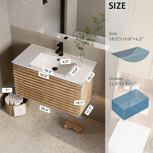 eclife 36" Floating Bathroom Vanity with Sink Combo Mid-Century Wall Mounted Cabinet with Wood Stripes Decor, Drawers, Undermount Single Sink, Faucet, Drain, Light Walnut