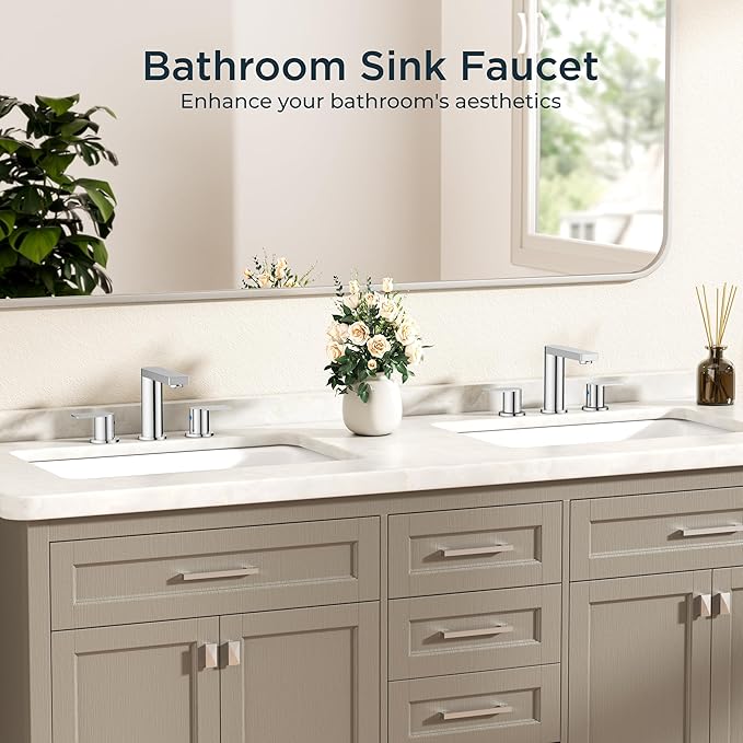 FORIOUS Chrome Bathroom Faucets 3 Hole, 8 Inch Widespread Bathroom Sink Faucet with Pop-up Drain and Cupc Supply Lines, 2-Handle for Vanity, Hotel