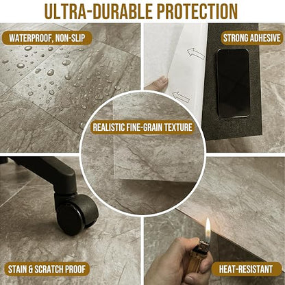 Peel and Stick Floor Tiles, 1.8mm Thick Waterproof Viny Beige-Brown Marble | Marble Look Tiles, Durable Water&Oil Resistant Tiles for Bathroom, Kitchen & Renter-Friendly DIY Home Upgrade