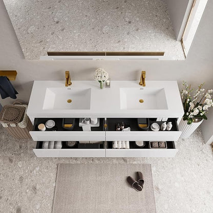 Abruzzo 72" Glossy White Wall-Mounted Bathroom Vanity with Double Sink – Stone Resin Countertop & Soft-Close Drawers, Waterproof Wood Cabinet for Bathrooms