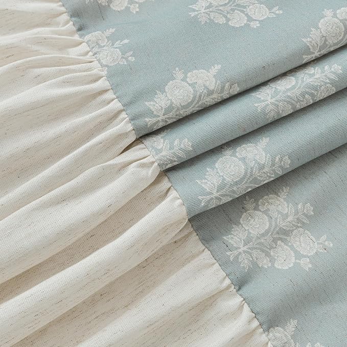ORTIGIA Linen Textured Ruffle Shower Curtain with Metal Hooks, Blue Vintage Block Print Floral Boho Waterproof Bath Curtain for Rustic Farmhouse Bathroom Decor 72x72 Inch
