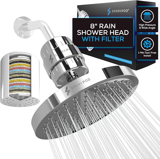 SparkPod Filtered Shower Head, 23-Stage, 8" Round, Polished Chrome | Showerhead for Hard Water, High Pressure, Reduces Chlorine, Heavy Metals, For Dry Skin & Hair, Removable Capsule Filter