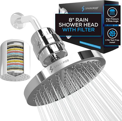 SparkPod Filtered Shower Head, 23-Stage, 8" Round, Polished Chrome | Showerhead for Hard Water, High Pressure, Reduces Chlorine, Heavy Metals, For Dry Skin & Hair, Removable Capsule Filter