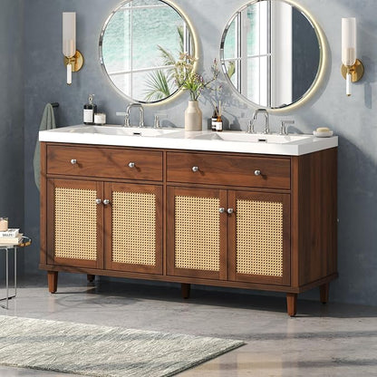 60" Farmhouse Double Sink Bathroom Vanity with Double Sinks, Soft Closing Doors and Flip-Out Drawers, Solid Wood Frame & MDF Wood Bathroom Sink Cabinet, Freestanding Solid Wood Legs