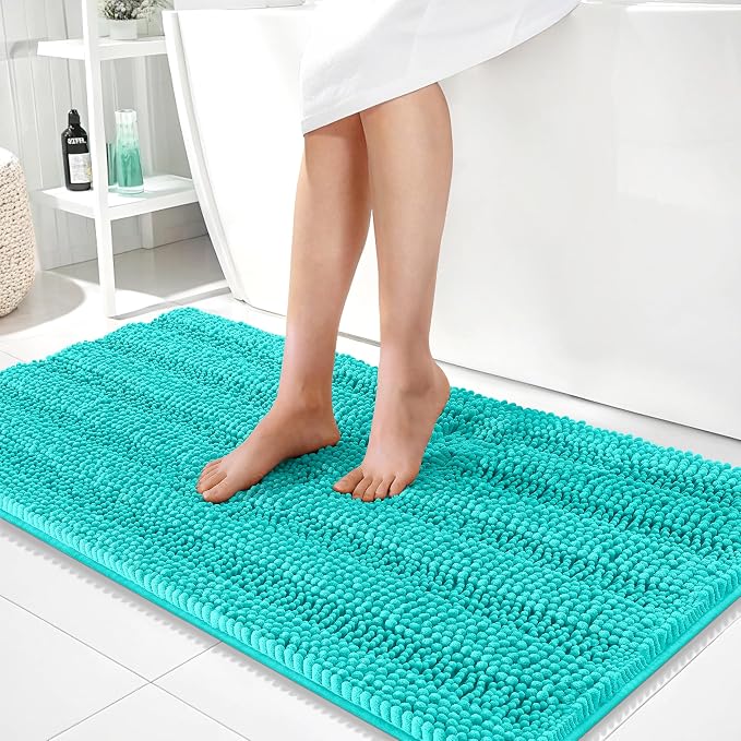 OLANLY Thick Bathroom Runner Rugs 44x24, Soft Chenille Long Bath Rugs, Teal | Absorbent Striped, Rubber Backing, Machine Wash, Bath Mats for Bathroom Floor, Tub and Shower, Home Decor Accessories