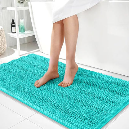 OLANLY Thick Bathroom Runner Rugs 44x24, Soft Chenille Long Bath Rugs, Teal | Absorbent Striped, Rubber Backing, Machine Wash, Bath Mats for Bathroom Floor, Tub and Shower, Home Decor Accessories