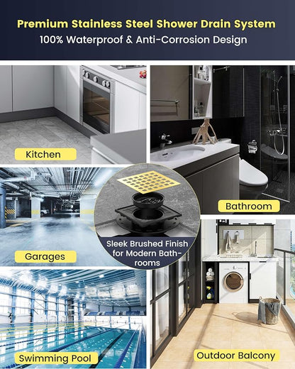 4" Shower Drain Kit Compatible with Schluter Kerdi, Premium 304 Stainless Steel Flange System, Exact Fit Alternative for Tile Floors, Includes Hair Strainer & Grate Opener, Brushed Gold