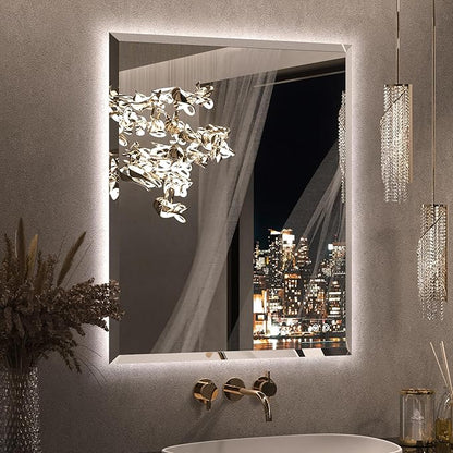 Keonjinn 30" x 36" LED Bathroom Mirror with Lights, Ambient Backlit Mirror | HD Tempered Glass Beveled Edge, Safe Defogging, Dimmable 3 Color Lights, Wall Switch/Plug in, Frameless LED Mirror for Salon