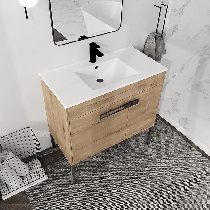 36 Inch Bathroom Vanity with Sink, Modern Freestanding Bathroom Vanity Set, Brown Vanity, Soft-Closing Door and Thick Edge Ceramic Basin - 36" (IMO, 36inch)