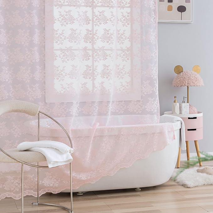 TUDECO Pink Lace Shower Curtain with Attached Valance, 72W x 84L Inch | Long Bathroom Curtain, Coquette Feminine Charm, Soft Color, Brightens Space, Scalloped Edges Reinforced Holes