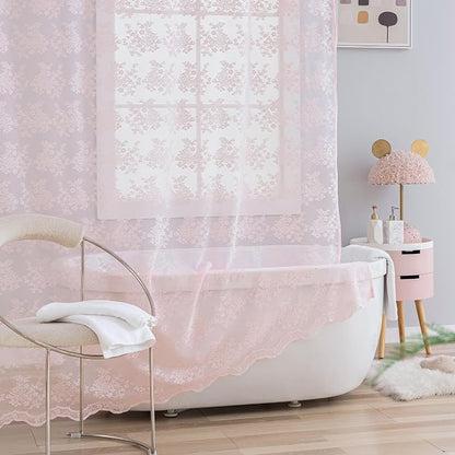 TUDECO Pink Lace Shower Curtain with Attached Valance, 72W x 84L Inch | Long Bathroom Curtain, Coquette Feminine Charm, Soft Color, Brightens Space, Scalloped Edges Reinforced Holes