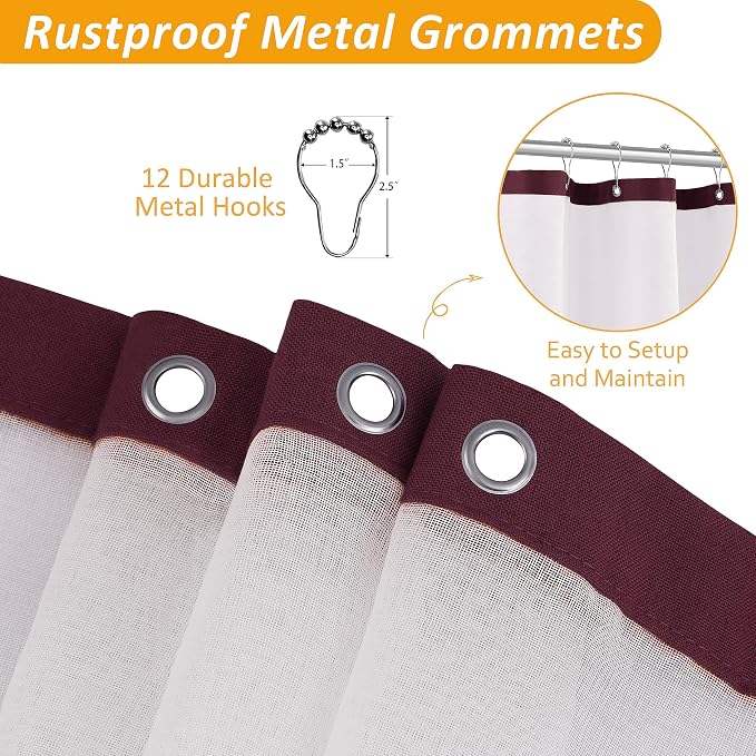 Linen Shower Curtain 72 Inches for Bathroom Burgundy Double Layer | Curtains with Hook, Snap in Liner, Water Repellent, Boho Farmhouse, Modern Bath Decor, 1 Panel, 72x72