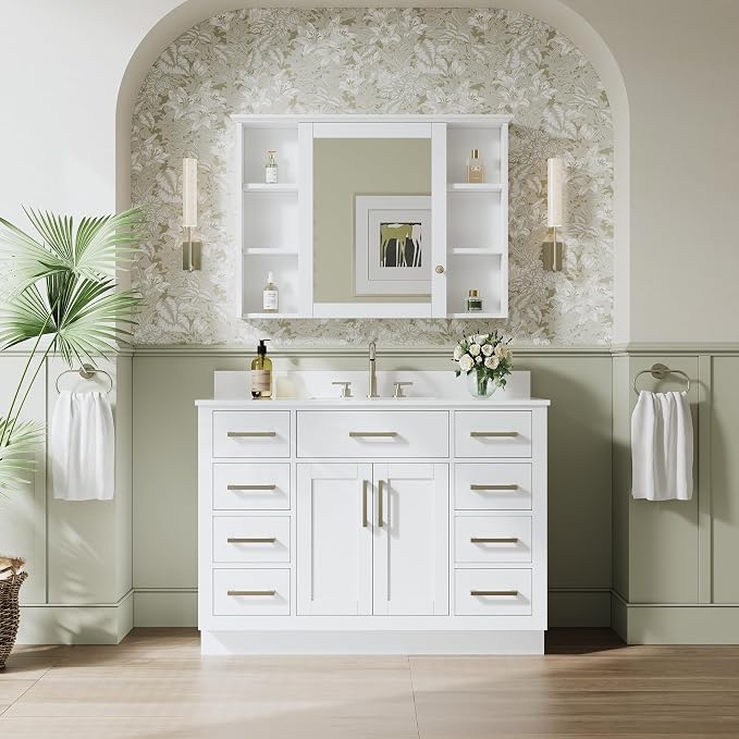 48-Inch Bathroom Vanity with Sink W/ 2 Doors & 8 Drawers & 1 Flip Drawer, White Vanity W/Brushed Nickel Handles