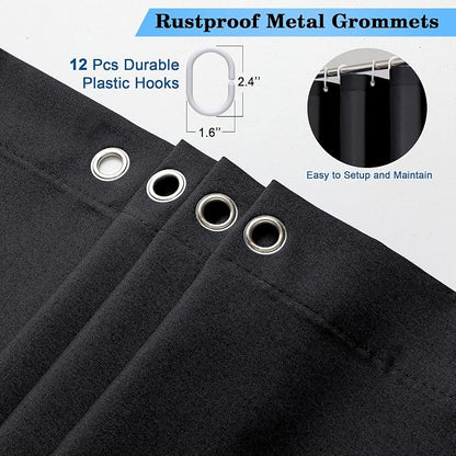 Zora 96 Inch Shower Curtain Set with 12 Plastic Hooks, Plain Fabric Black Shower Curtain for Bathroom - Extra Long Shower Curtain, Water Resistance, Machine Washable Soft Cloth, 72WX96L, Black