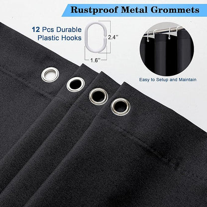 OVZME Zora 96 Inch Shower Curtain Set with 12 Plastic Hooks, Plain Fabric Black Shower Curtain for Bathroom - Extra Long Shower Curtain, Water Resistance, Machine Washable Soft Cloth, 72WX96L, Black