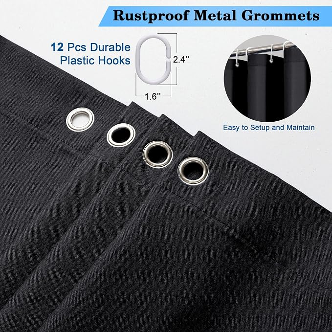Zora 36 x 72 Inch Stall Fabric Shower Curtain - Soft Small Black Shower Curtain for Bathroom for Narrow Stall Size, Machine Washable Water Resistance, Hotel Style, Black
