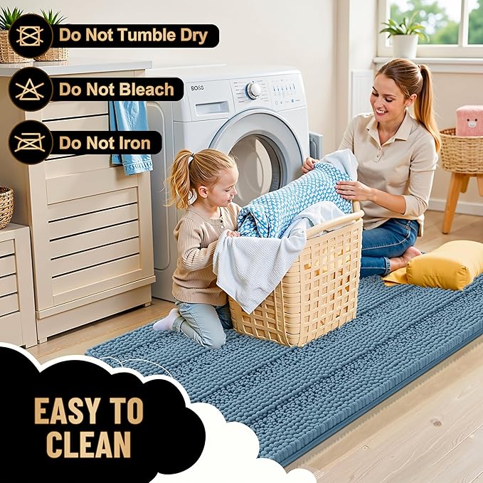 OLANLY Thick Large Bathroom Rugs 40x32, Soft Chenille Bath Rugs, Airy Blue | Absorbent Striped, Rubber Backing, Machine Wash Dry, Bath Mats for Bathroom Floor, Tub and Shower, Home Decor Accessories