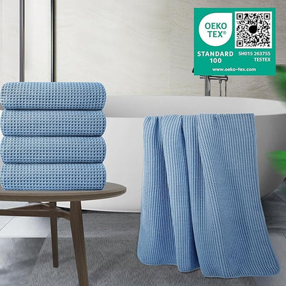 POLYTE 430 GSM Poly Blend Microfiber Quick Dry Waffle Bath Towel, 30x60 in | 4 Pack, Oversize, Lint Free, Body Towel