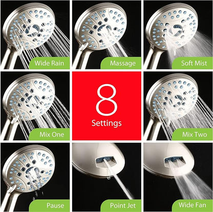 AquaCare 50-mode High Pressure Shower Head Combo with Arm & Dual Power Wash | Hygienic Jets, 2-mode Handheld Power Wash for Tub, Tile & Pets, Long 6 ft. Stainless Steel Hose, Extra Wall Bracket / Nickel