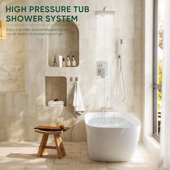 Shower System with Tub Spout, All Metal Tub Shower Faucet Set with 12'' Rain shower heads and handheld spray combo,Wall Mounted Tub Shower Systems with Valve and Trim Kit, Brushed Nickel