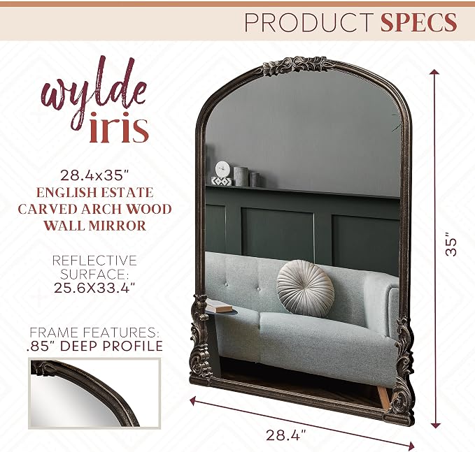 English Estate Carved Arch Wood Wall Mirror, Mirror for Entryway, Living Room, Bathroom, Antique Black, 28.4x35